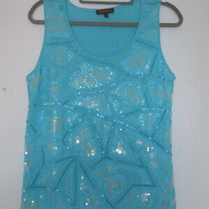Vittadini Women's sz L Blue Sequin Bead 100% Linen Tank Top Sleeveless Glitter